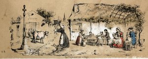 A tehén különféle termékeinek és felhasználási módjainak leírása: a mindennapi élet színtere egy faluban. „” La coache et ses produits”” tábla in „” les Recreations instructives”” Jules DELBRUCK szinoptikus festménye, metszet 1860-ból. Magángyűjtemény. alkotó: French School