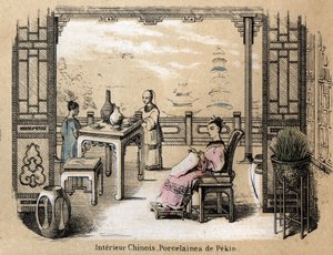 Az agyag gyártási és felhasználási szakaszainak leírása: kínai enteriőr pekini porcelánnal. "" Az agyag és termékei" tábla a "" Les Recreations instructives" -ban" Jules DELBRUCK szinoptikus festménye, metszet 1860-ból. Magángyűjtemények alkotó: French School