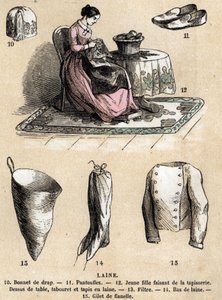 A juhok különféle felhasználási módjainak és termékeinek leírása: gobelin és gyapjútermékek, sapka, papucs, gyapjúharisnya, flanel mellény. "" Les moutons"" tábla in "" les Recreations instructionives"" Jules DELBRUCK szinoptikus festménye, metszet 1860-bó alkotó: French School
