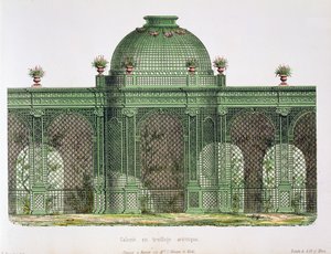 A párizsi Bureau de Moniteur des Menusiers számára közzétett, árkádos, rácsos galéria, központi kupolával alkotó: French School