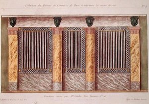 Egy hentesüzlet homlokzatának terve, Párizs legjobban díszített kereskedelmi épületeit ábrázoló sorozatból, 1810 körül (színes litó) alkotó: French School