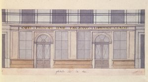 A Cafe Procope homlokzatának tervezése, 19. század eleje (toll, tinta és wc papíron) alkotó: French School
