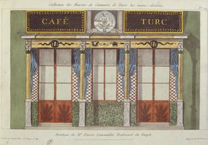A Cafe Turc homlokzatának terve Párizs legjobban díszített kereskedelmi épületeit ábrázoló sorozatból, 1810 körül alkotó: French School