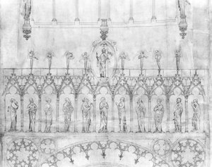 Terv a strasbourgi székesegyház homlokzatán lévő királyok galériájához, 1380 körül (toll, tinta és gouache papíron) (részlet) (lásd: 207686) alkotó: French School
