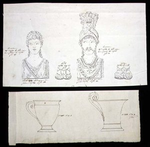 Tervek aranyozott bronzból készült ormolu bútorcsatokhoz és francia empire porcelán csészékhez, 1820 körül (toll és tinta, papír) alkotó: French School