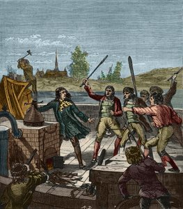 Papin gőzhajójának megsemmisülése - Denis Papin (1647-1712) nézi, ahogy 1707-ben a muendeni hajósok elpusztították lapátos gőzhajóját - Denis Papin (1647-1712) a Les Bateliers de Munden összetöri a gőzhajót - A gravírozás kéznél van mindenböl - alkotó: French School