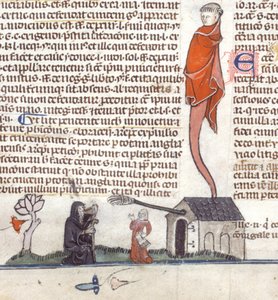 Részlet egy bas-de-page-jelenetről, amelyben egy kocsma előtt ülő remete sört iszik, 1300-40 körül (tinta pergamenre) alkotó: French School
