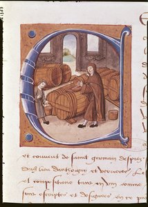 Részlet egy történész kezdőbetűből egy dolgozó borász illusztrációjával, a "Saint-Germain-des-Pres-i apátság anyakönyvéből" (vellum) alkotó: French School
