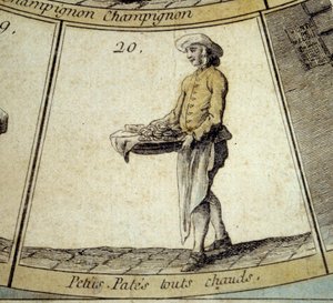Részlet a Cree of Paris liba játékából: forró kis tésztakereskedő. 18. századi metszet. Coll. Indul. alkotó: French School