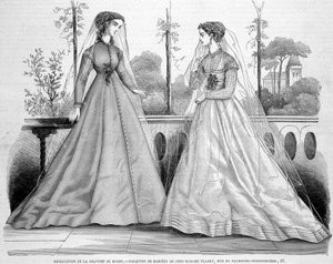 Két menyasszonyi vécé Madame Fladry-től - az 1867.09.29-i „”La Mode illustrée””-ben. alkotó: French School