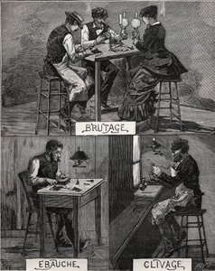 Gyémánt vágás, hang, érdes és hasítás. Metszet 1885-ből Adolphe BITARD „” Les arts et metiers illustres” című könyvébe. alkotó: French School