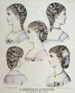 Különböző frizurák, tányér a Le Moniteur de la Coiffure-tól, 1880 alkotó: French School