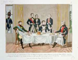 Vacsora Tilsitben III. Frigyes Vilmos porosz, I. Sándor orosz cár és Napóleon között, aki pohárköszöntőt emel Poroszország királynőjére, 1807. június 3. alkotó: French School