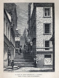Fedezze fel Kanadát: Rue du Petit Champlain (Petit-Champlain) Quebecben. Taylor rajza fényképről. A 19. század végi metszete Eugene Guenin „La nouvelle France”-jában. alkotó: French School