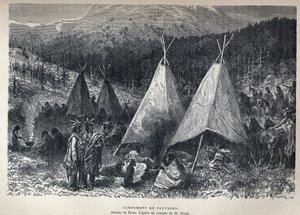 Felfedezte Kanadát: Amerikai indián tábor pólókkal. Riou rajza Dixon vázlatából. A 19. század végi metszete Eugene Guenin „La nouvelle France”-jában. alkotó: French School