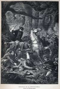 Felfedezték Kanadát: Monongahela csata 1755-ben a hétéves háború alatt. Philippoteaux rajza. A 19. század végi metszete Eugene Guenin „La nouvelle France”-jában. alkotó: French School