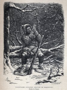 Felfedezte Kanadát: a kanadai hadsereg önkéntes hótalpas cipője. Dupuy rajza. A 19. század végi metszete Eugene Guenin „La nouvelle France”-jában. alkotó: French School
