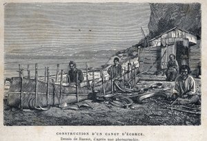 Felfedezte Kanadát: kéregkenu építése. Bassot rajza fénykép után. A 19. század végi metszete Eugene Guenin „La nouvelle France”-jában. alkotó: French School