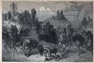 Felfedezte Kanadát: a bölények tánca a Mondanesben. A 19. század végi metszete Eugene Guenin „La nouvelle France”-jában. alkotó: French School