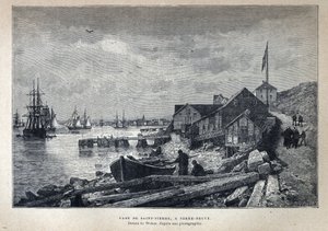 Kanadából fedezték fel: Szent Péter kikötőjéből (St. Pierre) Új-Fundlandba, Új-Fundlandba. Weber rajza fényképről. A 19. század végi metszete Eugene Guenin „La nouvelle France”-jában. alkotó: French School