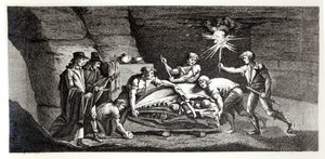 Egy őskori állat csontjainak felfedezése, illusztrációja a Histoire naturelle de la Montagne Saint-Pierre de Maastrichtból, Barthelemy Faujas de Saint Fond (1743-1819) 1799 alkotó: French School