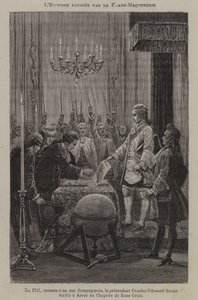 A történelem eltorzítása a szabadkőművesek által: a rózsakeresztesek káptalanjának állítólagos felállítása Charles Edward Stuart színlelője által Arrasban 1747-ben (metszet) alkotó: French School