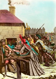 A király kenyerének kiosztása a Louvre-ban 1709-ben a nagy tél után, ami a gabonaár emelkedését és nagy éhínségeket idézett elő. Metszet a 18. század végéről. Magángyűjtemény alkotó: French School