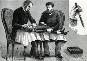 Orvosok, akik gyermekszemet vizsgálnak és szemcseppeket fecskendeznek be (metszet) 1888 alkotó: French School