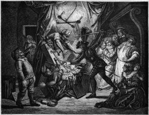 Don Quijote a móroknak vélt bábokkal harcol. V. Beauce metszete Charles Antoine Coypel (1694 - 1752) Cervantes (1547-1616) regényét illusztráló festménye nyomán. A „Le Magasin festői”-ben alkotó: French School