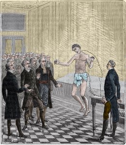Dr. Andrew Ure, aki feszültségkísérleteket végez a kivégzett gyilkos, Clydesdale testén 1818-ban - Andrew Ure (1778-1857) tapasztalata egy holttesten - Metszet a „tudományok minden ajtajába – fizika és kémia” szövegbe. Alexis Clerc – 19. vége alkotó: French School