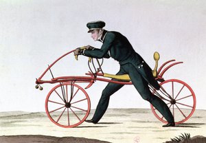Draisienne, a kerékpár őse, 1816-ban báró Karl von Drais (1785-1851), 1820 (színes metszet) alkotó: French School