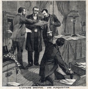 Dreyfus-ügy: Három egyszerű ruhás tiszt és egy rendőrbiztos házkutatást tart Georges Picquart (1854-1914) otthonában. A „” Le Peute Parisien”-ben 1897.05.12. Magángyűjtemény alkotó: French School