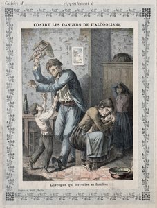 Részeg terrorizálja a családját, egy iskolai füzet borítója. 1900 körül alkotó: French School