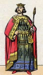 A Capetians-dinasztia: VI. Lajos, Gros (1081-1137), a frankok királya 1108-tól 1137-ig portréja. Epinális képalkotás a 19. század végéről. Magángyűjtemény. alkotó: French School