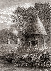 Korai gall házak, kerek kabin lyukkal a tetőn, hogy a tűz füstje eltávozzon, a „Les Merveilles de la Science”-ből, 1870 körül (metszet) alkotó: French School