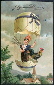 Gyermeket tojásban ábrázoló húsvéti képeslap, 1905 körül alkotó: French School