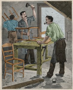 Ebenisterie: székek összeszerelése a 19. században Franciaországban. Metszet 1885-ből Adolphe BITARD „Les arts et metiers illustres” című könyvében. alkotó: French School