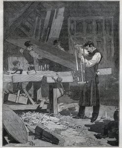 Ebenisterie: ebenista munkás, aki egy táblát hasít a létesítményben. Metszet 1885-ből Adolphe BITARD „” Les arts et metiers illustres” című könyvébe. alkotó: French School