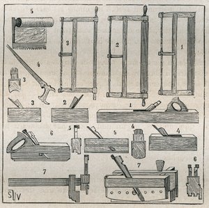 Ebenisterie: szokásos szerszámok, fűrészek és gyalulás. Metszet 1885-ből Adolphe BITARD „Les arts et metiers illustres” című könyvében. alkotó: French School
