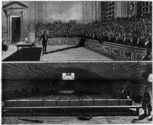 Humphry Davy (1778-1829) elektromos fénykísérletet végzett 1813-ban a Londoni Királyi Intézet kémiatanfolyamán (Anglia). Metszet a „” La Nature-be. Revue des sciences et de ses applications aux arts et à l