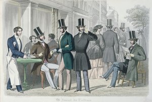 Elegáns fiatal férfiak egy kávézó teraszán, 1857 (színes metszet) alkotó: French School