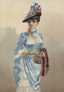 Elegáns fiatal hölgy kék ruhában, kis kézitáskával alkotó: French School