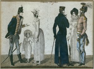 Angol kosztümök, illusztráció a Le Bon Genre-ből, 19. század eleje (színes metszet) alkotó: French School