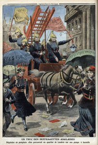 Tűzoltónak öltözött angol szüfrazsettek a „Le Petit Journal”-ból, 1910. április 3. (metszet) alkotó: French School