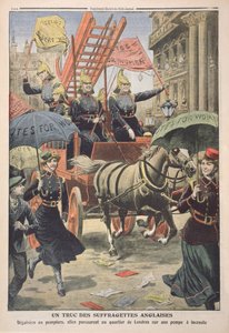 Tűzoltónak öltözött angol szüfrazsettek a Le Petit Journalból, 1910. április 3