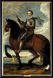 Henrik (1553-1610) francia király lovas portréja a párizsi Pont Neuf előtt. 17. századi névtelen festmény. Olajfestmény. Kötelező említés: Sully sur Loire, Chateau de Sully alkotó: French School
