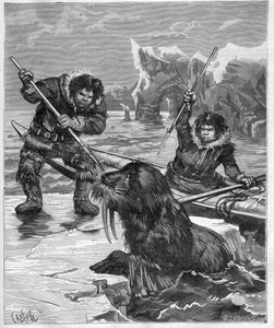 Eszkimók - rozmár halászat - Eszkimók - rozmár halászat 1888-ban - - Metszet a „Journal des Voyages” 1888-ban alkotó: French School