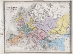 Európa a barbárok 6. századi inváziója után – Vuillemin „Az ókori és modern földrajz egyetemes atlasza a bentlakásos iskolák használatához” című lemezéből – 1845 körül alkotó: French School