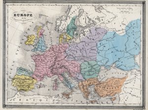 Európa 814-ben – Nyugat és Kelet birodalmai – Vuillemin „Az ókori és modern földrajz egyetemes atlasza a bentlakásos iskolák használatához” című táblájából – 1845 körül alkotó: French School