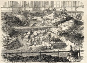 Ásatások a Cour Carree du Louvre-ban - Philippe Auguste egykori tornya alapjainak felfedezése - A Louvre udvarán végzett ásatások - Az egykori Tour Philippe-Auguste alapjainak frissítése - Metszet a „Le monde i”-ben alkotó: French School